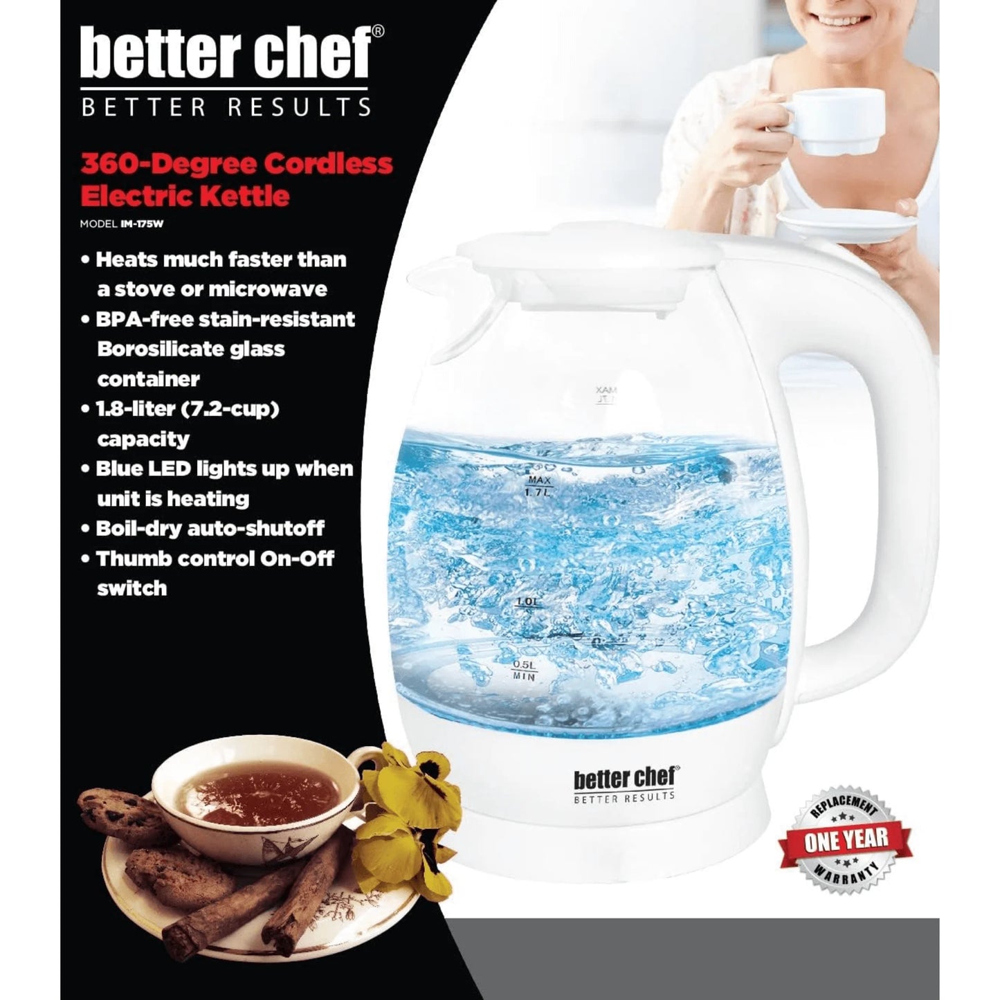 Better Chef 7-Cup Cordless Borosilicate Glass Electric Kettle with LED Light